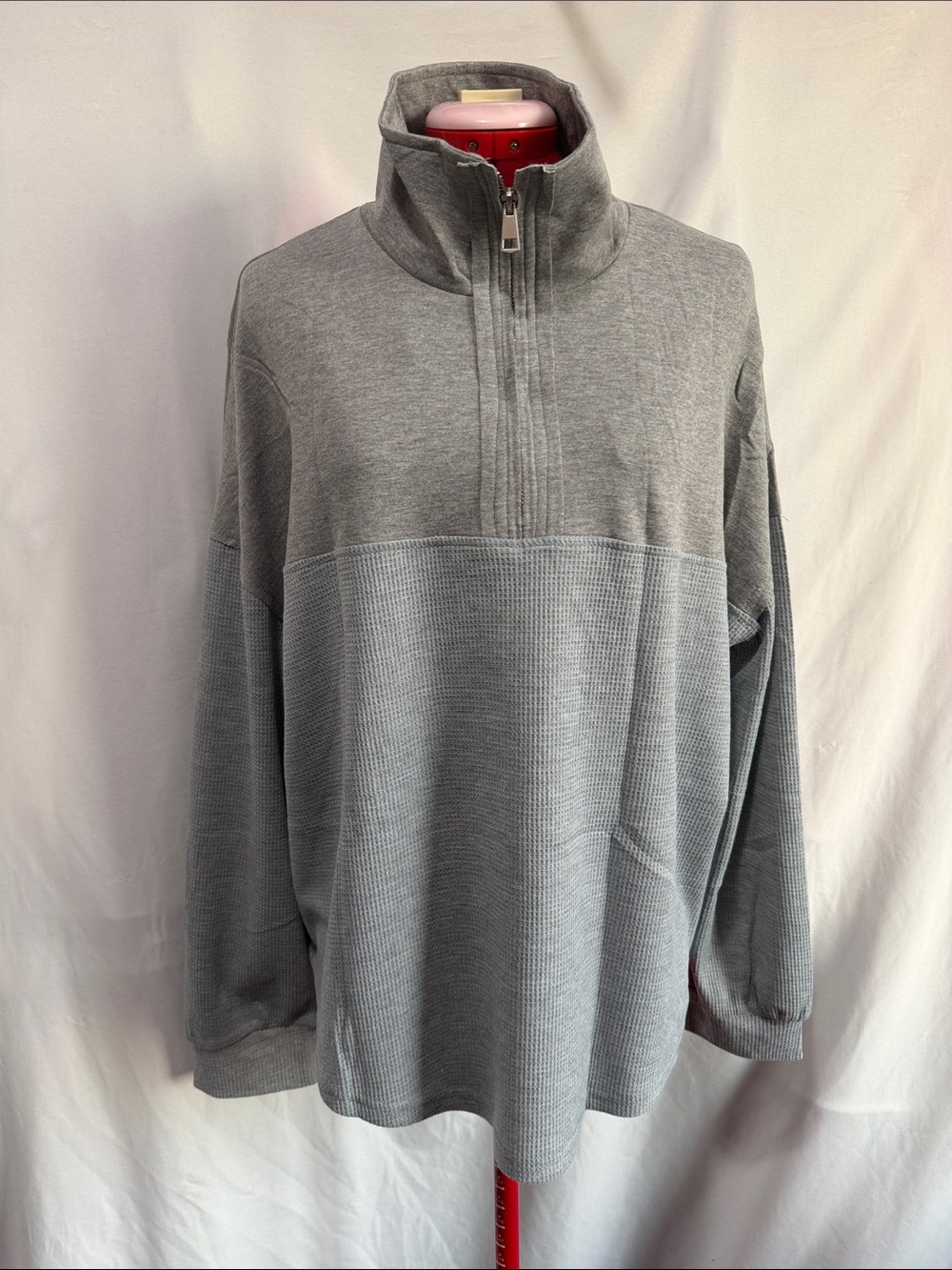Men's Light Grey Half-Zip Waffle Pullover Sweater